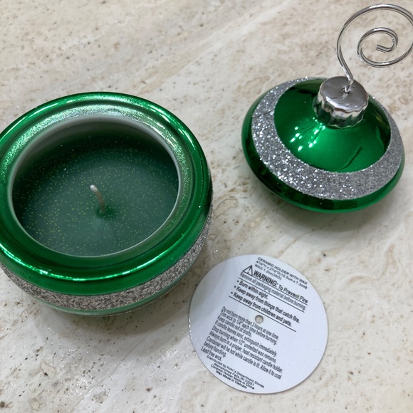 Holiday Christmas Ornament Candle Green with Sliver Sparkle Stripes - Picture 3 of 3